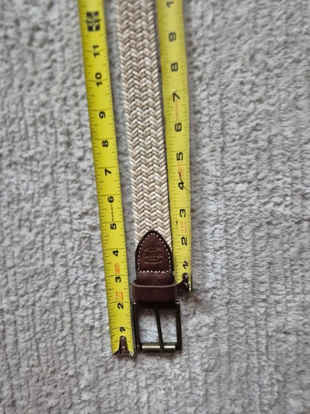 Fossil Kyle Khaki Belt Braided Rope & Leather Trim Adjustable Cream Tan Size 34